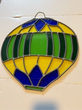 Vintage Handmade Large Stained Glass Hanging Hot Air Balloon Cobalt Green Yellow